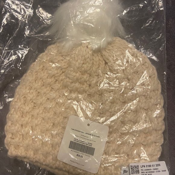 Fabletics Chunky Knit Beanie - Buff/White Pom - Picture 2 of 5